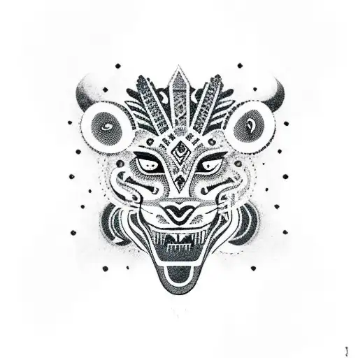 A blackwork tattoo of an Aztec jaguar surrounded by cosmic elements, symbolizing the strength and determination of the entrepreneur tattoo design idea