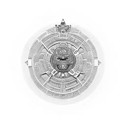An intricate Aztec calendar stone adorned with jewels and gold, representing the entrepreneur's connection to the universe tattoo design idea
