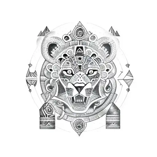 A blackwork tattoo of an Aztec jaguar surrounded by cosmic elements, symbolizing the strength and determination of the entrepreneur tattoo design idea