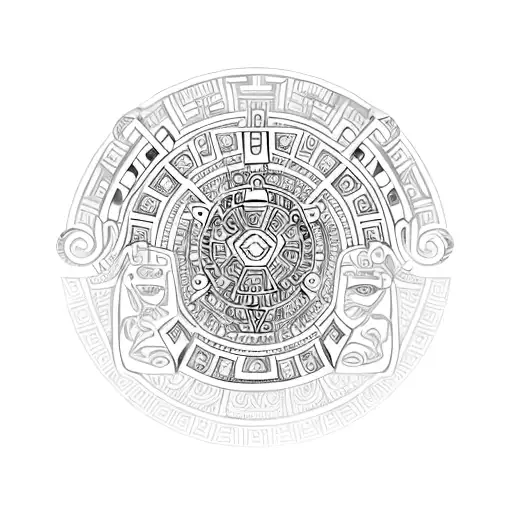 An intricate Aztec calendar stone adorned with jewels and gold, representing the entrepreneur's connection to the universe tattoo design idea