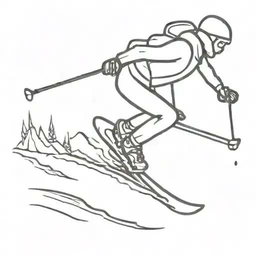 Stick figure as seen from the side skiing down a slope with knees bent and ski poles tucked underneath his arms tattoo design idea