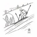 Stick figure as seen from the side skiing down a slope with knees bent and ski poles tucked underneath his arms tattoo design idea