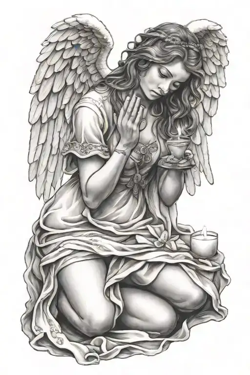 female angel kneeling with praying hands holding a candle tattoo design idea