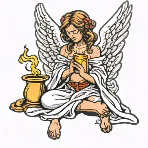 angel kneeling holding candle tattoo design idea