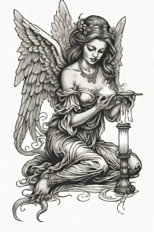kneeling female angel holding candle burning tattoo design idea