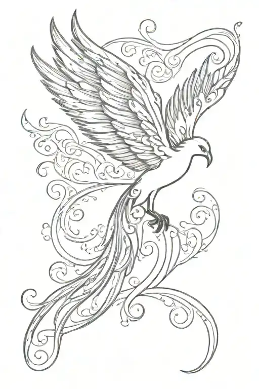 Minimalist "Simple Fine Line Phoenix With Swirls..." Tattoo Idea