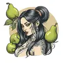 girl bending down a little bit with a pear figure and seductive face with low almost siren eyes and long black wet hair  tattoo design idea