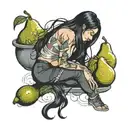 girl bending down a little bit with a pear figure and seductive face with low almost siren eyes and long black wet hair  tattoo design idea
