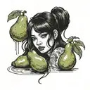 girl bending down a little bit with a pear figure and seductive face with low almost siren eyes and long black wet hair  tattoo design idea
