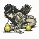 girl bending down a little bit with a pear figure and seductive face with low almost siren eyes and long black wet hair  tattoo design idea
