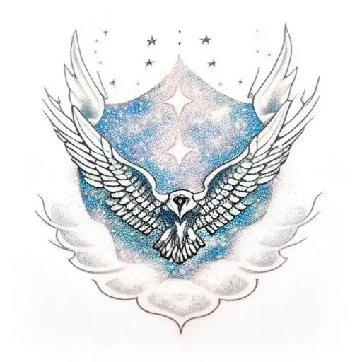 Blackwork tattoo of a traditional American eagle with galaxies inside its wings tattoo design idea