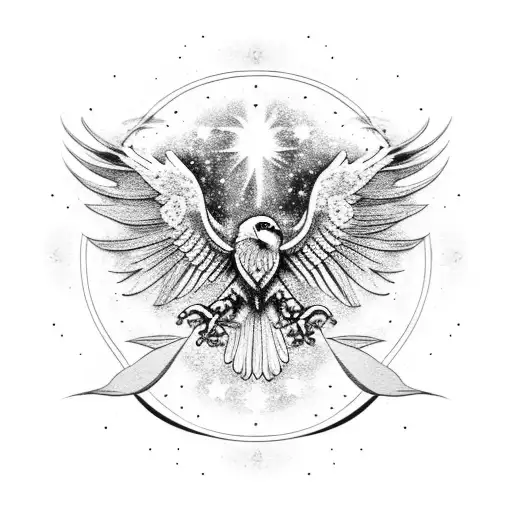 Blackwork tattoo of a traditional American eagle with galaxies inside its wings tattoo design idea