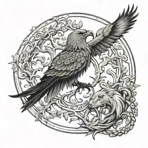 ouroborus eating its tail as encircling an yggdrasil world tree.  with a lion head, raven, eagle and dove  tattoo design idea