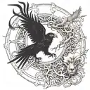 ouroborus eating its tail as encircling an yggdrasil world tree.  with a lion head, raven, eagle and dove  tattoo design idea