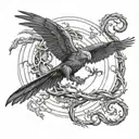 ouroborus eating its tail as encircling an yggdrasil world tree.  with a lion head, raven, eagle and dove  tattoo design idea