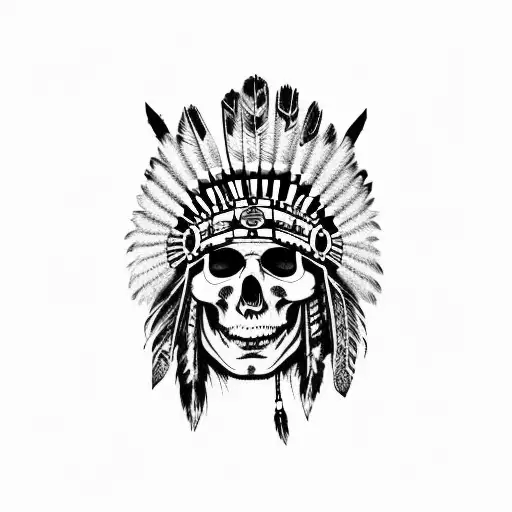 Native American chieftain skull with a full head dress tattoo design idea