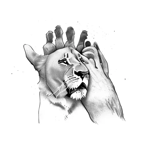 A nurse's hand holding a lion's paw, representing the client's dedication to their nursing profession and their love for lions. tattoo design idea