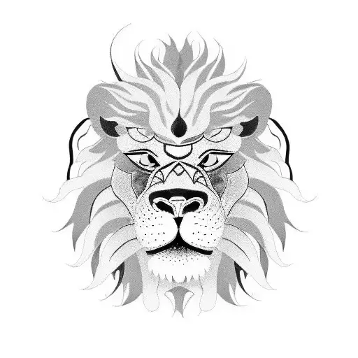 A lion's head wearing a traditional Japanese devil mask, symbolizing the client's love for lions and their fascination with Japanese culture. tattoo design idea