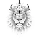 A lion's head wearing a traditional Japanese devil mask, symbolizing the client's love for lions and their fascination with Japanese culture. tattoo design idea