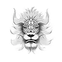 A lion's head wearing a traditional Japanese devil mask, symbolizing the client's love for lions and their fascination with Japanese culture. tattoo design idea