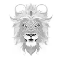 A lion's head wearing a traditional Japanese devil mask, symbolizing the client's love for lions and their fascination with Japanese culture. tattoo design idea