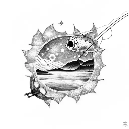 A detailed tattoo of a lake with a starry night sky above, incorporating elements of fly fishing gear like a fishing rod and flies tattoo design idea