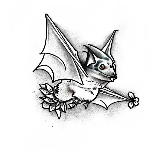 Sleeping bat with its wings wrapped around it and flowers tattoo design idea
