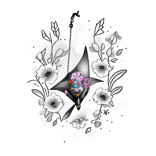 hanging bat with flowers tattoo design idea
