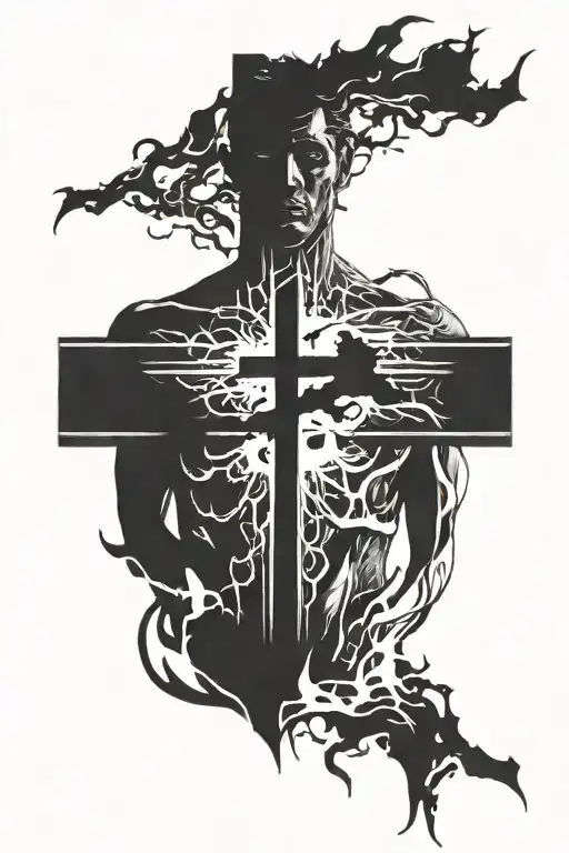 black silhouette of a man. a black cross inside the chest omitting light throughout him and causing decay of the black tattoo design idea