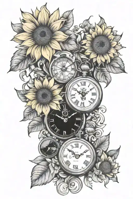 sunflowers and 3 pocket watches surrounded tattoo design idea