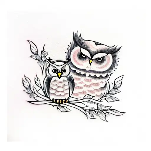 Cherry Blossom and two cute baby owl tattoo design idea