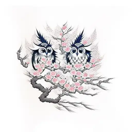 Cherry Blossom and two cute owl tattoo design idea