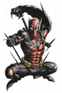 red deadpool with wolverine claws and a riped up suit tattoo design idea