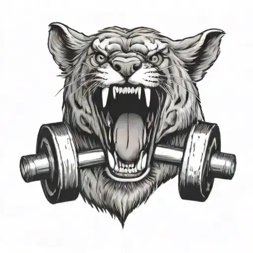head of a ferocious animal biting a dumbbell tattoo design idea