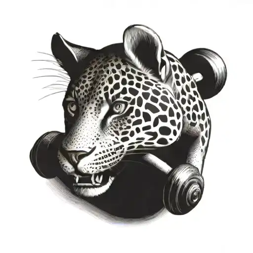 head of a jaguar biting a dumbbell tattoo design idea