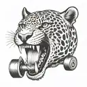 head of a ferocious  jaguar biting a dumbbell tattoo design idea