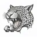 head of a ferocious  jaguar biting a dumbbell tattoo design idea