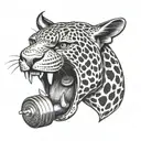 head of a ferocious  jaguar biting a dumbbell tattoo design idea