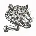 head of a ferocious  jaguar biting a dumbbell tattoo design idea