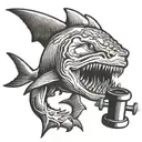 head of a ferocious shark  biting a dumbbell tattoo design idea