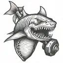 head of a ferocious shark  biting a dumbbell tattoo design idea