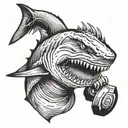head of a ferocious shark  biting a dumbbell tattoo design idea