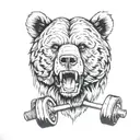 head of a ferocious bear biting a dumbbell tattoo design idea