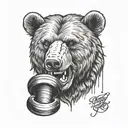 head of a ferocious bear biting a dumbbell tattoo design idea