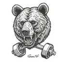head of a ferocious bear biting a dumbbell tattoo design idea