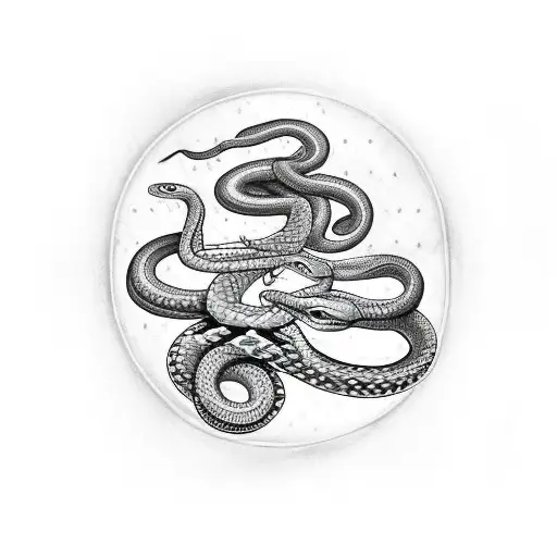 2 snakes intertwined and biting an apple while surrounded by a ring of flowers tattoo design idea