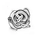 2 snakes intertwined and biting an apple while surrounded by a ring of flowers tattoo design idea