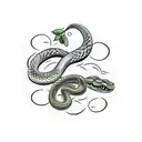 2 snakes intertwined and biting an apple while surrounded by a ring of flowers tattoo design idea