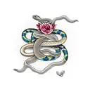 2 snakes intertwined and biting an apple while surrounded by a ring of flowers tattoo design idea