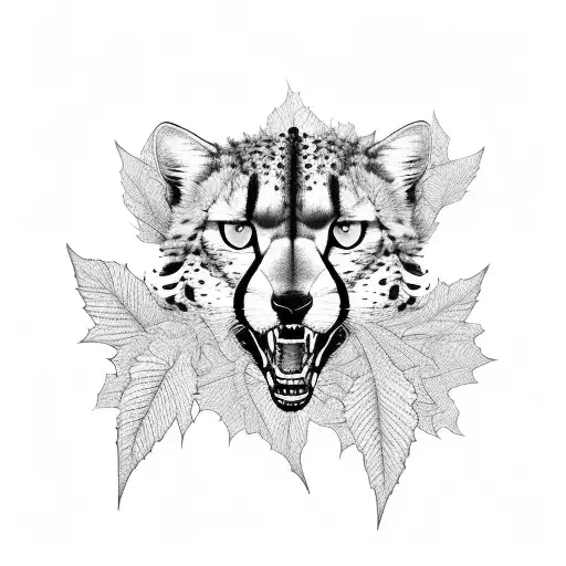 A blackwork cheetah sprinting through a field of tobacco leaves tattoo design idea